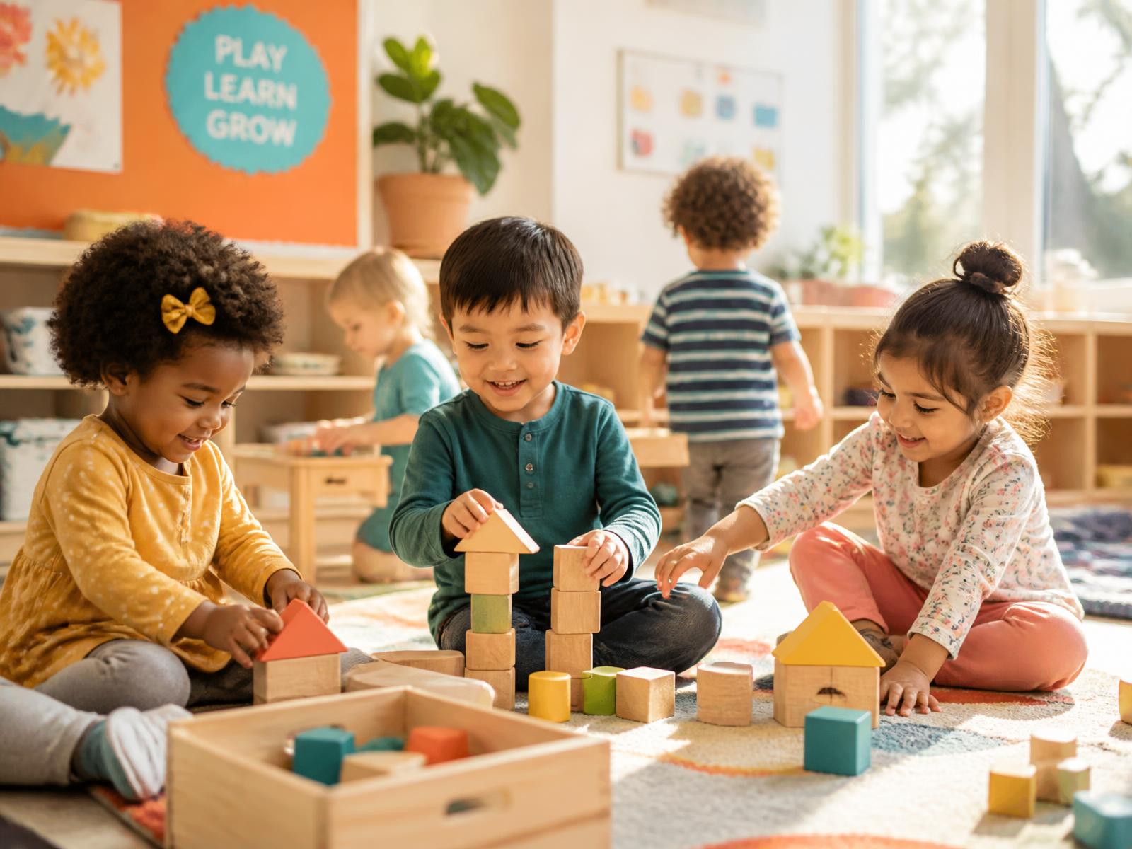 Children building with wooden blocks in a bright FutureNest preschool classroom